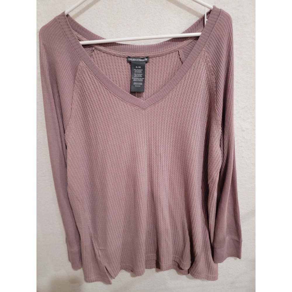 Chelsea & Theodore XL‎ Top Mauve Waffle Knit Ribbed Raglan Sleeve V-Neck Thermal